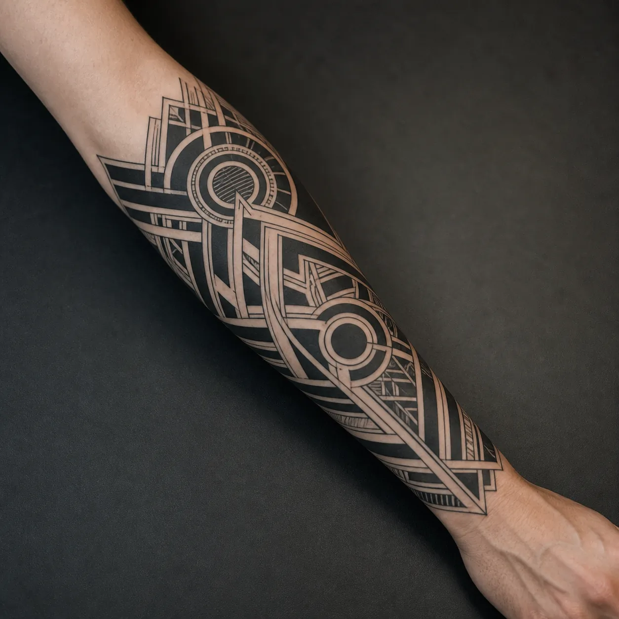 Geometryczna kompozycja blackwork na przedramieniu