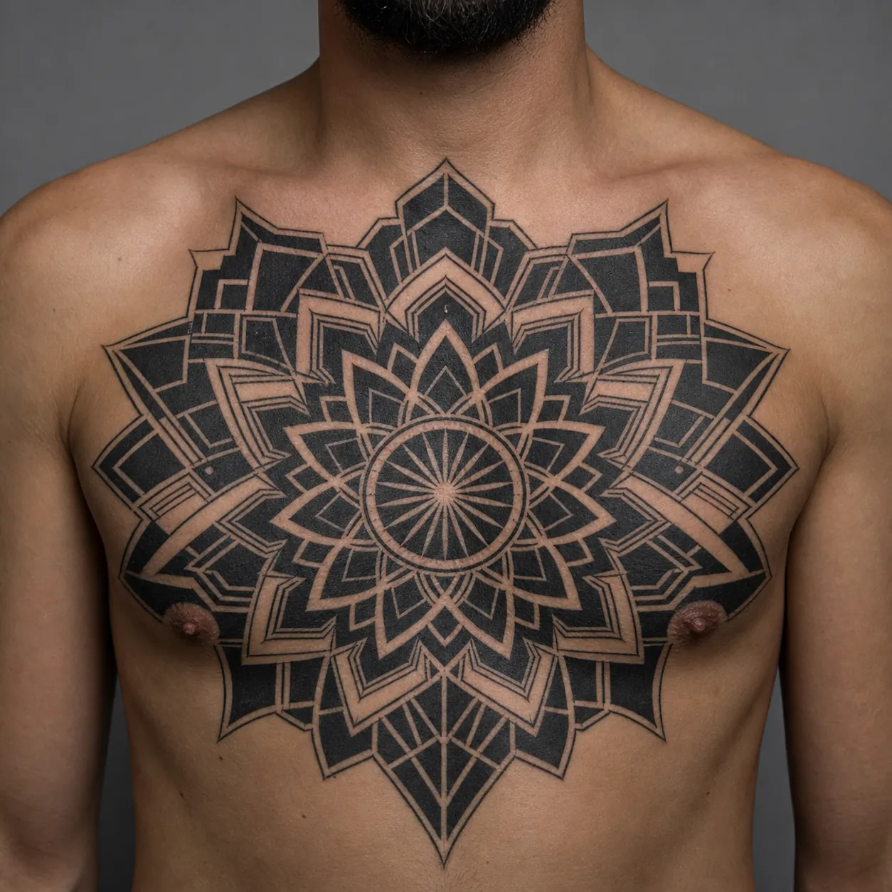 Geometryczny tatuaż blackwork Michała Wrony na klatce piersiowej